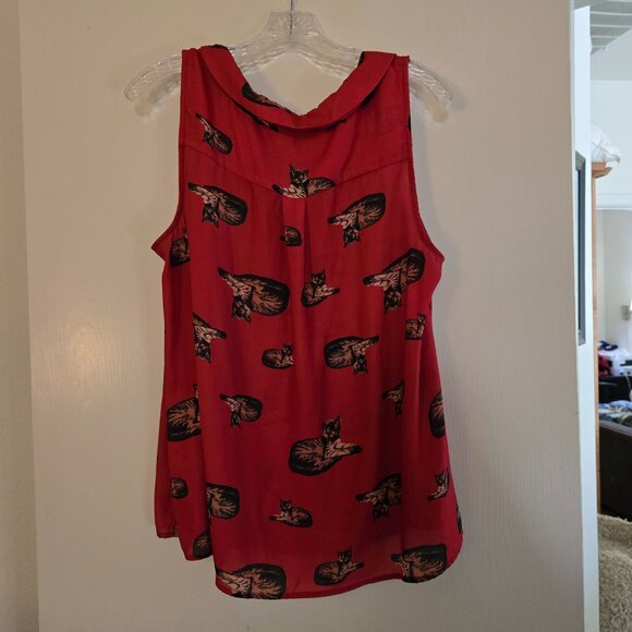 MODCLOTH - Minor Damange -  Cat Print Tank Top Collared V Neck Blouse in‎ Red 1X - Picture 8 of 11